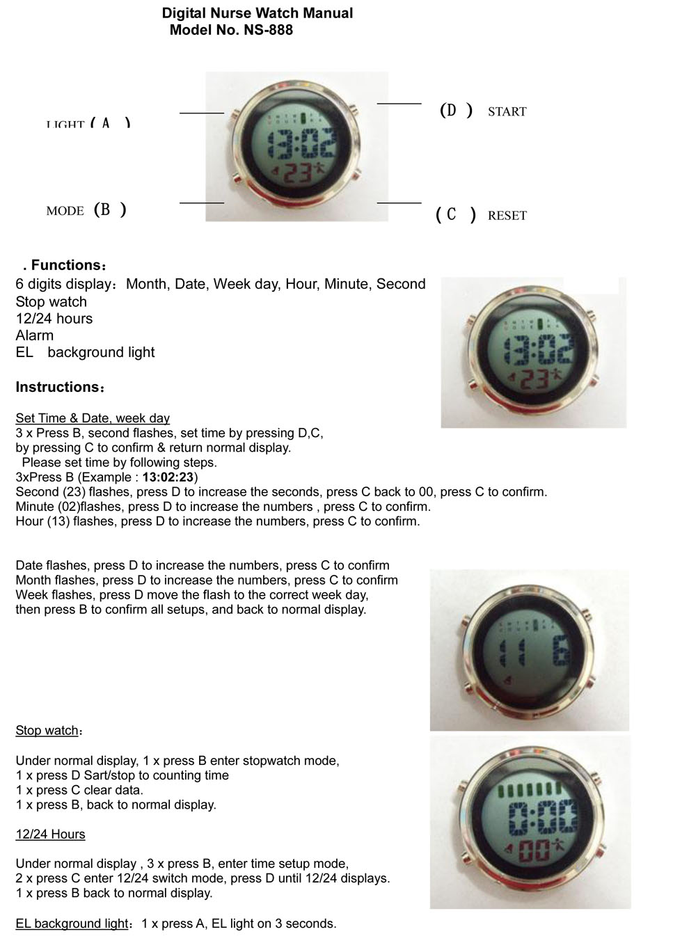 NS-888 Digital Nurse Watch Instruction 