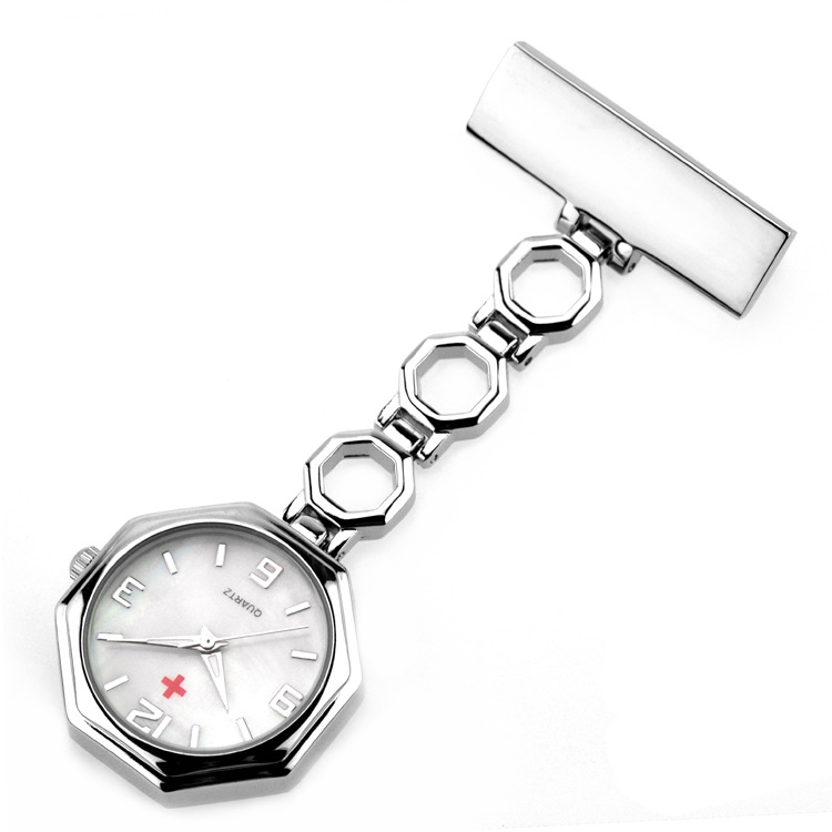 China Nurse Watch Brooch Pin Clip-on Quartz Fob Pocket Watch Octagonal fob watch-NS5387A Silver
